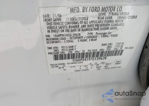 2007 Ford Five Hundred Sel from USA, damaged, VIN 1FAHP24197G139628